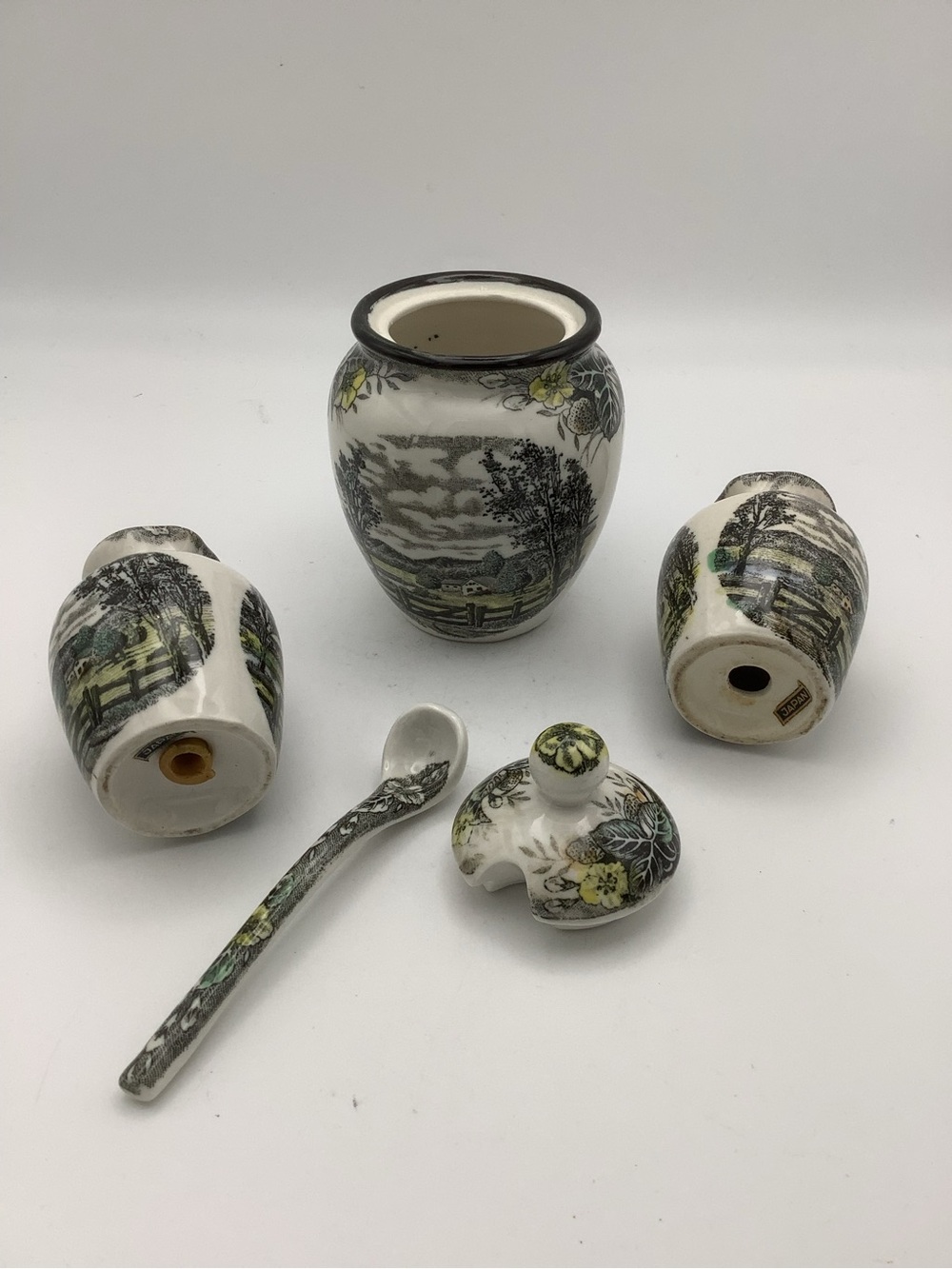 Japan Rural Scene Transferware Jam Jar with Spoon and Salt and Pepper Shakers - Picture 3 of 5
